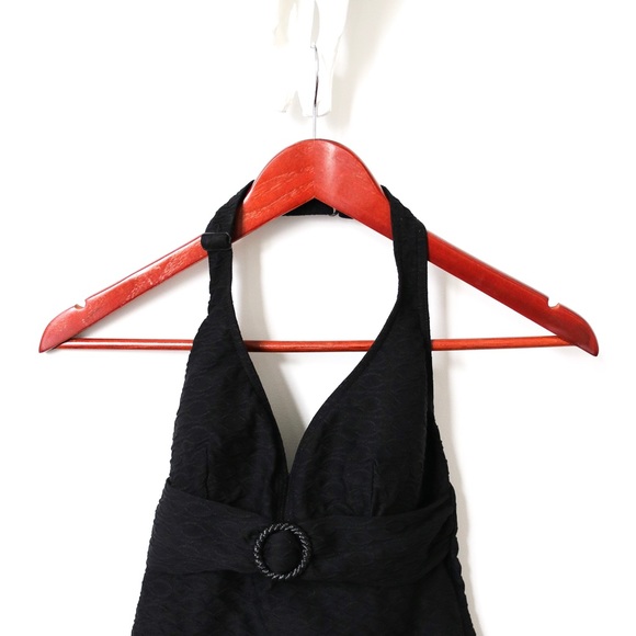 Black V-Neck Belted Swimsuit Halter Tankini - Picture 2 of 6